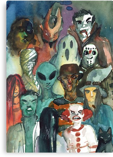 394x550 Monsters Watercolor Squad Cat, Sadako, Frankenstein, Clown, Witch