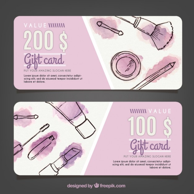 626x626 Gift Cards Makeup Sketches With Watercolor Stains Vector Free