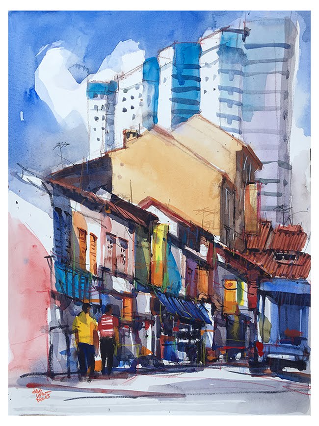 650x869 Plein Air Dunlop Street, Little India Singapore (Watercolour Painting)