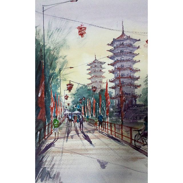 640x640 Watercolour Hand Painting Chinese Garden, Singapore, Design