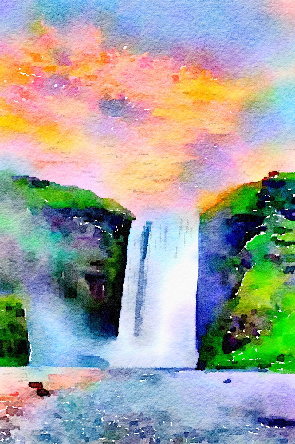 960x1443 Watercolor Painting Of A Waterfall