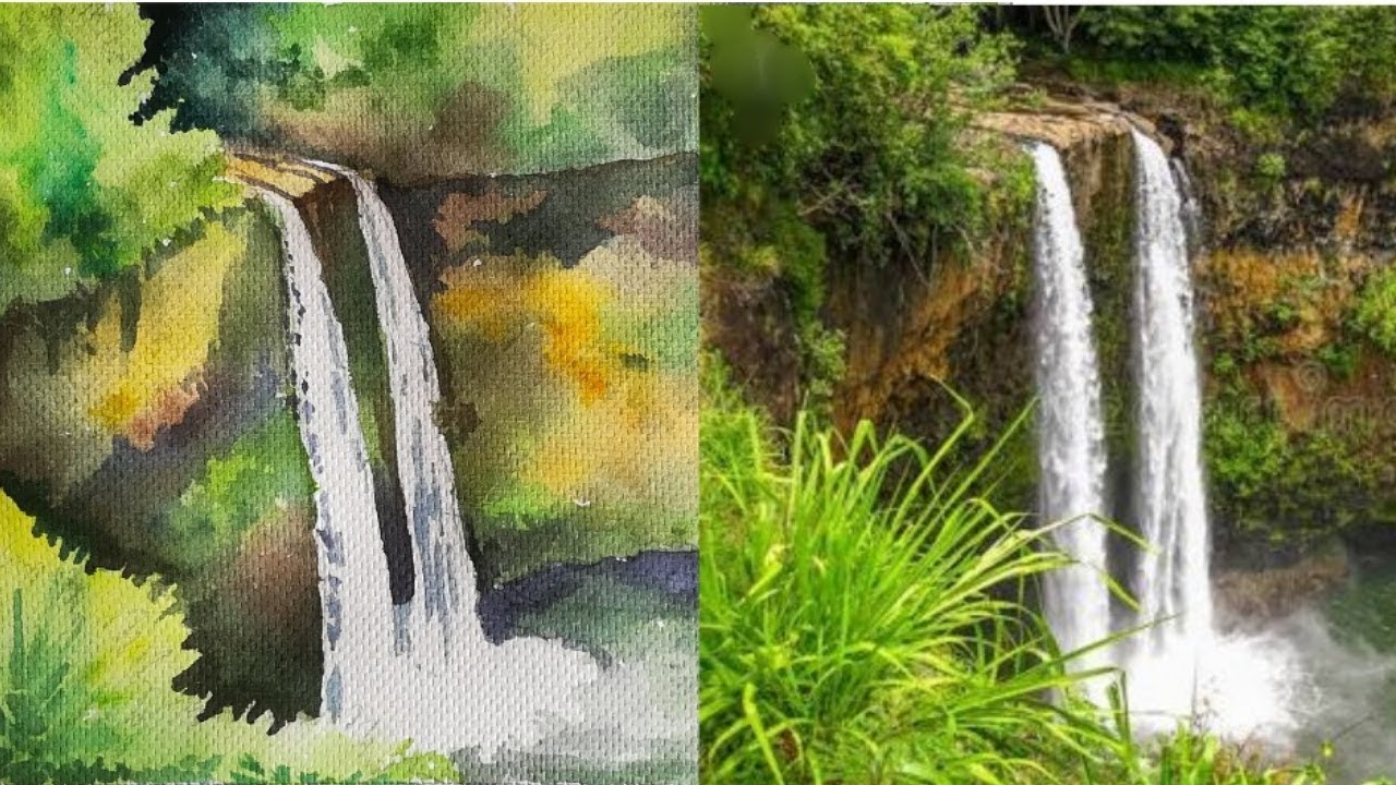 1280x720 Waterfall Watercolor Painting Tutorial Forest Waterfall Scenery