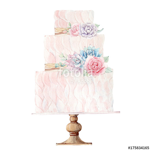 500x500 Watercolor Wedding Cake Illustration. Stock Photo And Royalty