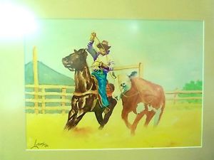 300x225 1949 Western Rodeo Cowboy Artist Lutzow Signed Watercolor Titled