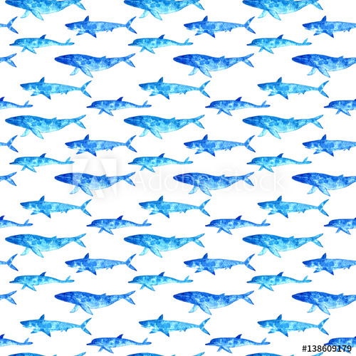 500x500 Seamless Pattern Of A Whale, Dolphin And Shark. Watercolor Hand
