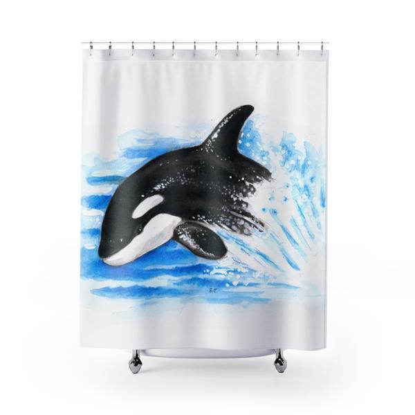600x600 Playful Baby Orca Whale Watercolor Art Shower Curtain Seven