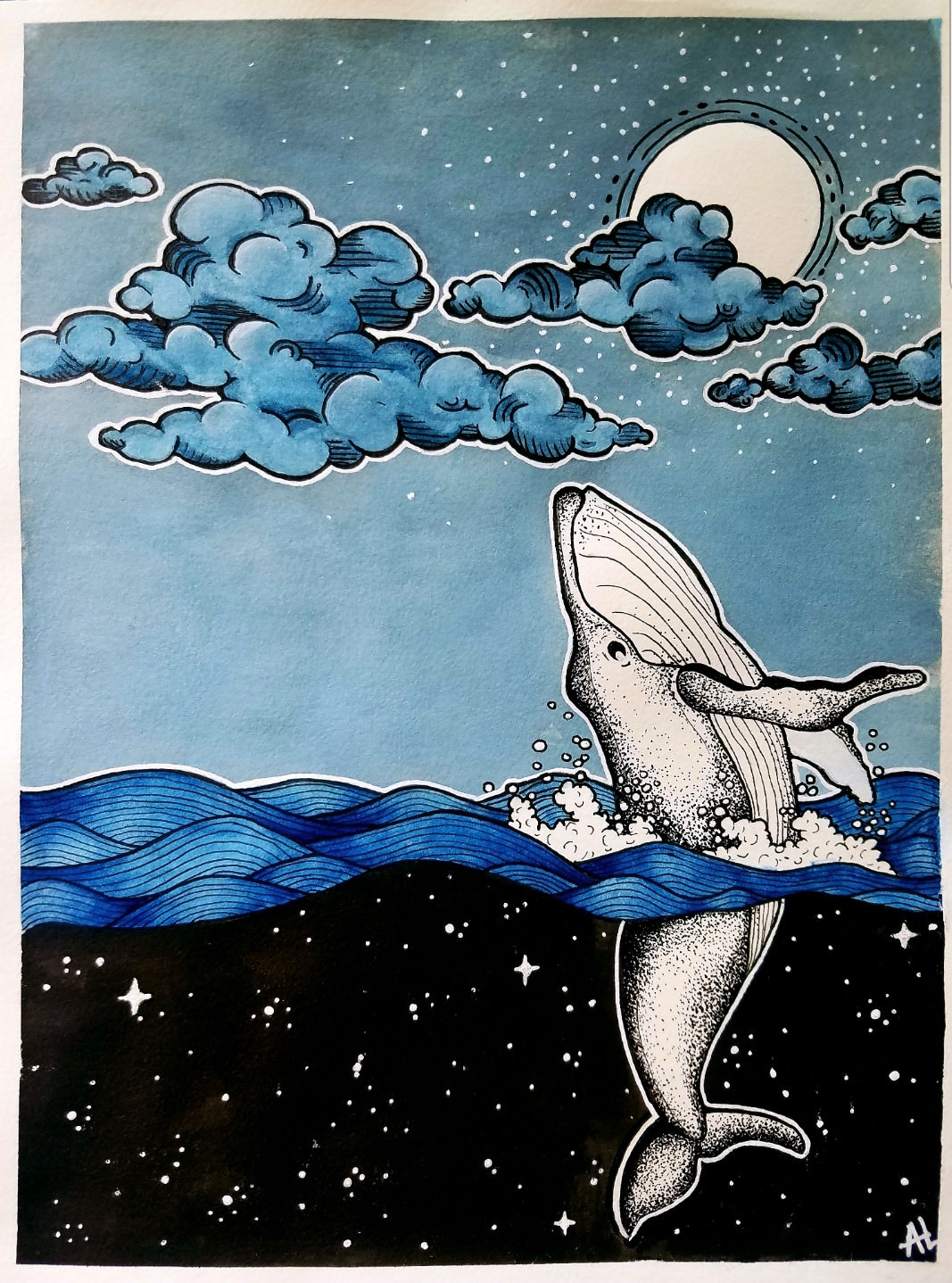 1067x1438 Space Whale, Watercolor And Ink, 5x7
