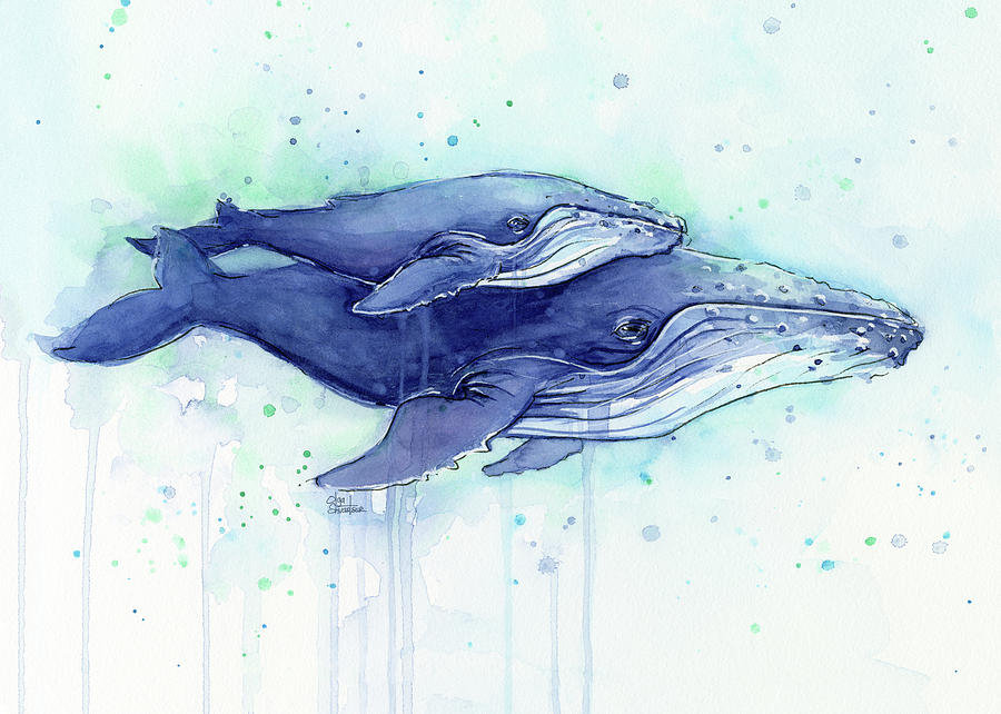 900x642 Humpback Whales Mom And Baby Watercolor Painting