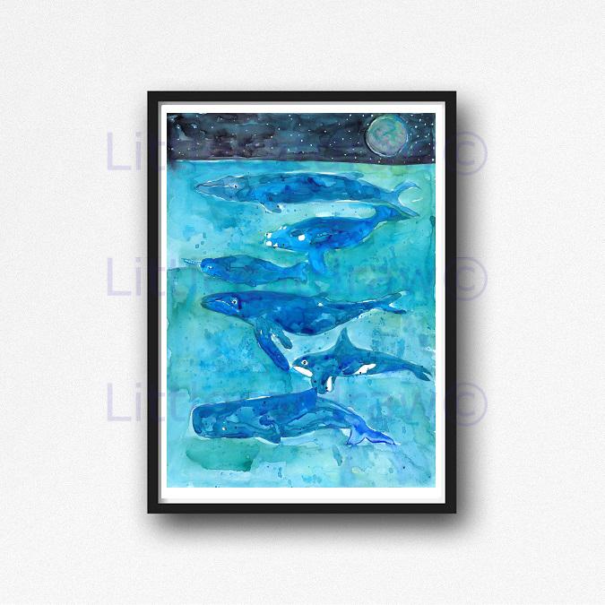 675x675 Buy Whale Stack Whales At Night Watercolor Painting Print