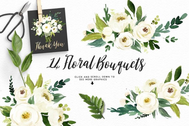 750x500 Watercolor White Flower Clip Art