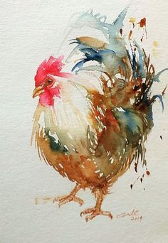 236x342 White Knight Rooster Watercolor Paintings