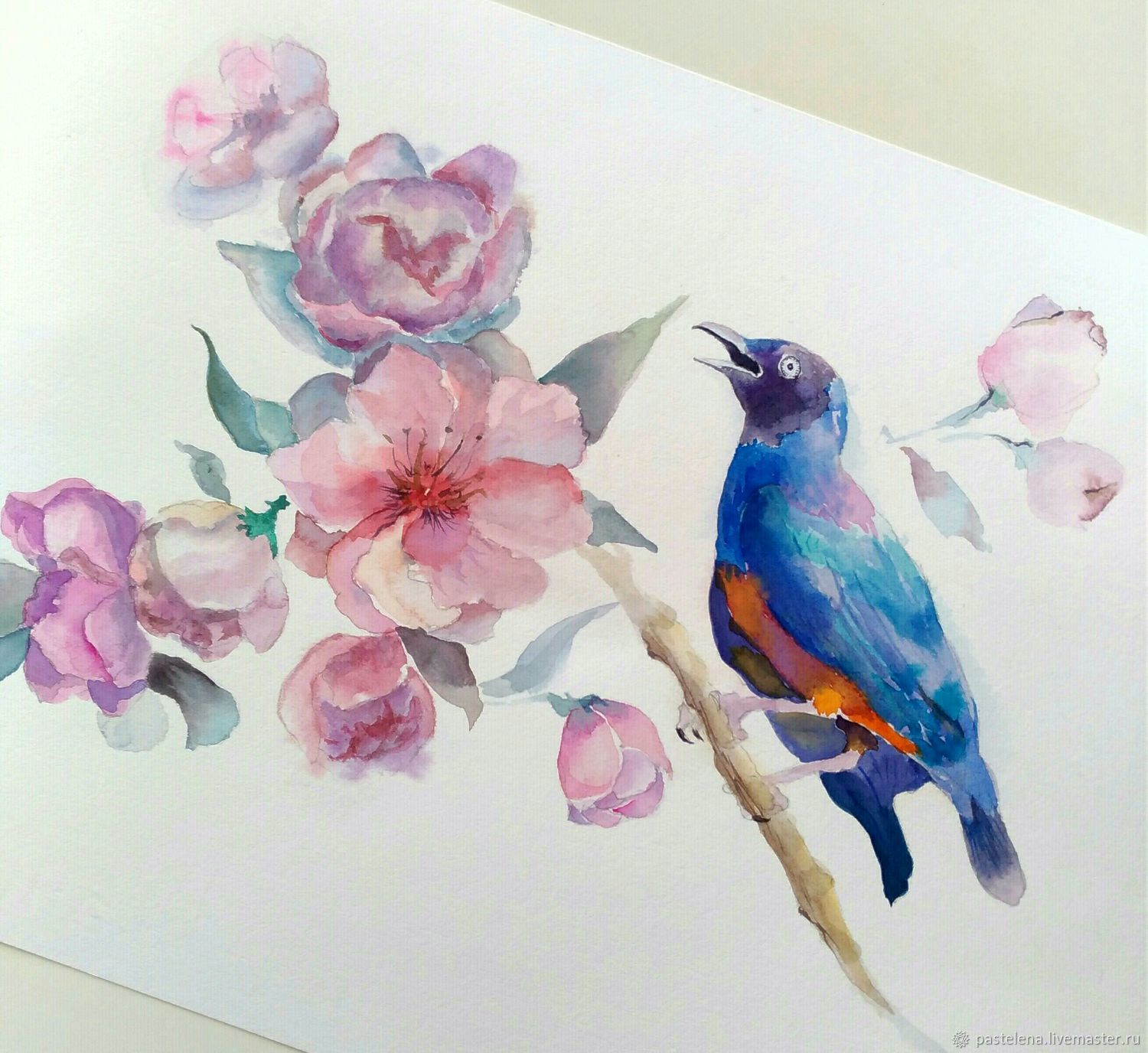1500x1376 Painting Watercolour Flowers (Pink, Lilac, Ultramarine, Bird