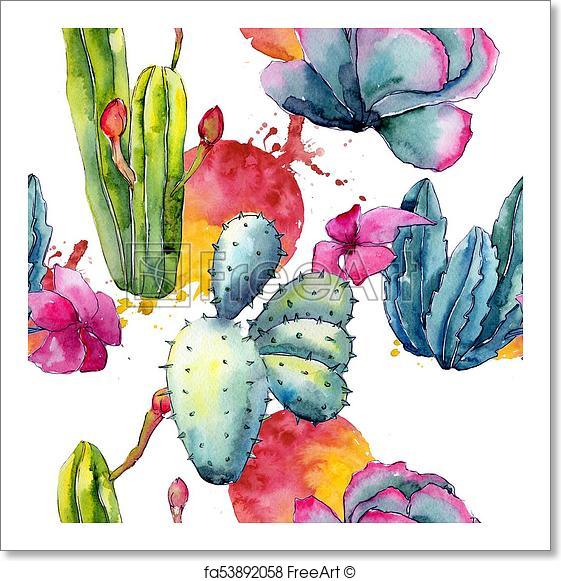 561x581 Free Art Print Of Exotic Wildflower Cactus Pattern In A Watercolor