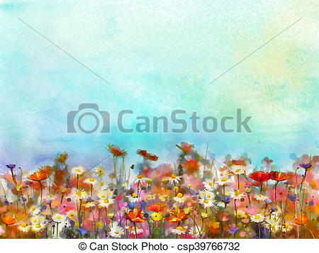 450x357 Watercolor Painting Purple Cosmos Flower, White Daisy, Cornflower