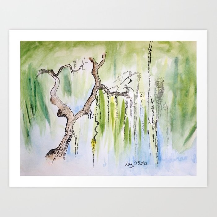 700x700 Weeping Willow Light Watercolor And Ink Painting (Green Amp Blue