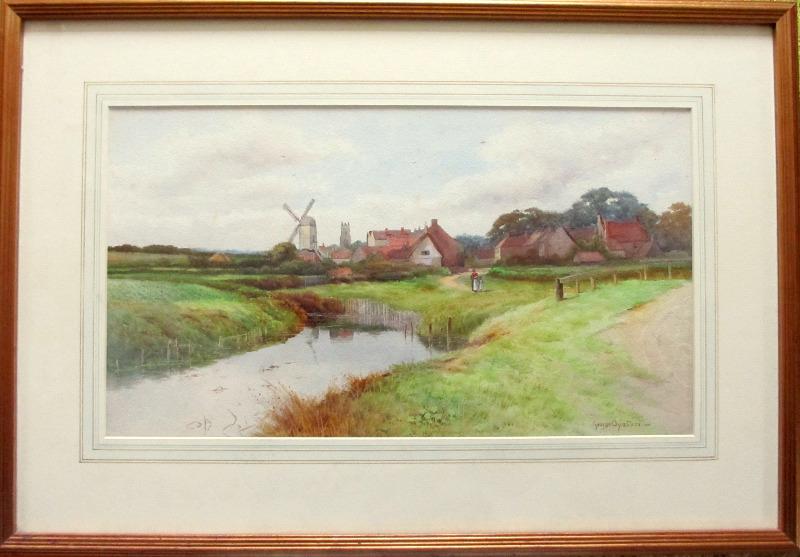 800x557 River Landscape With Windmill And Village, Watercolour, Signed