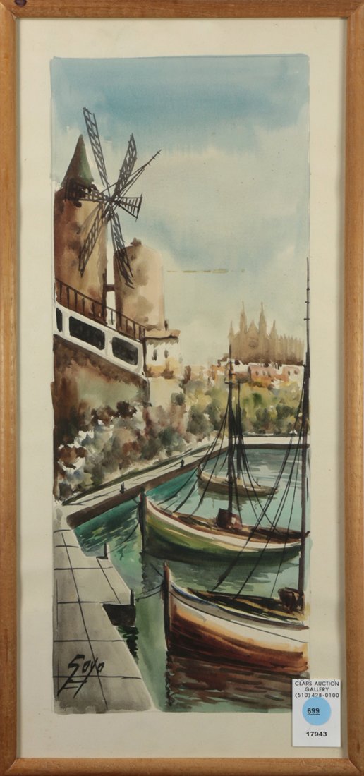 516x1100 Boats By A Windmill, Watercolor