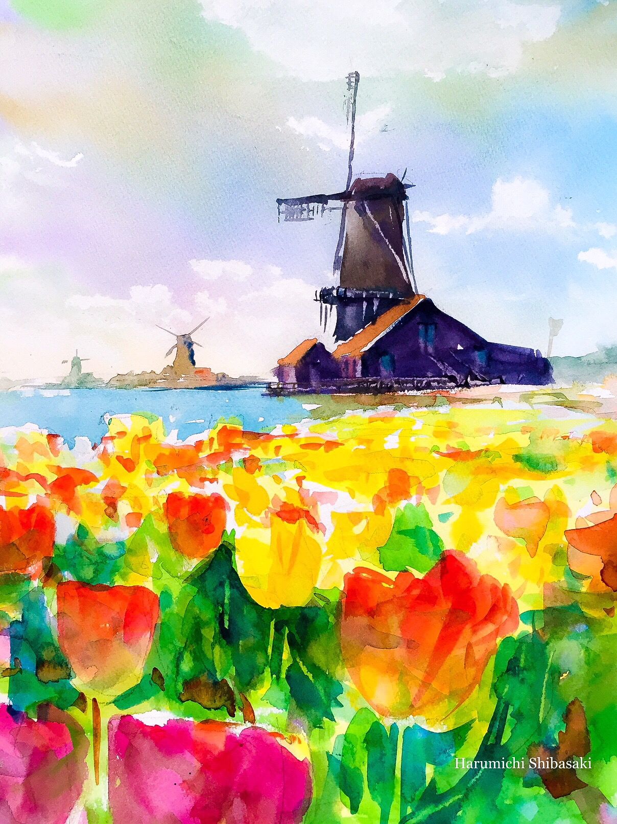 1208x1612 Tulip Fields With Windmills Watercolor Painting Steemkr