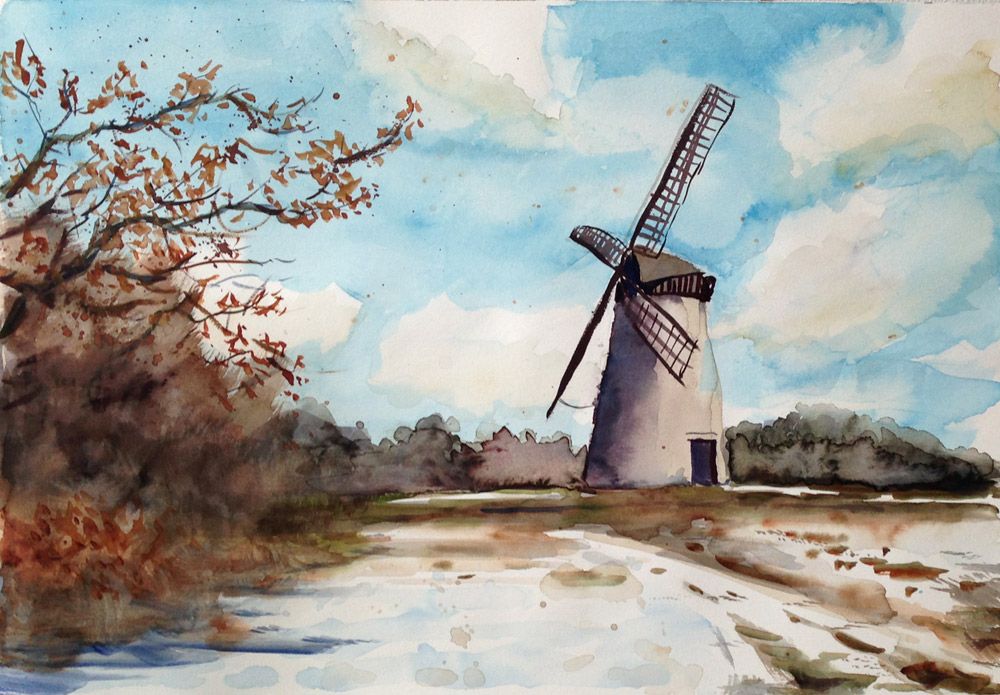1000x695 Windmill, Watercolors, A3 My Original Paintings And Drawings