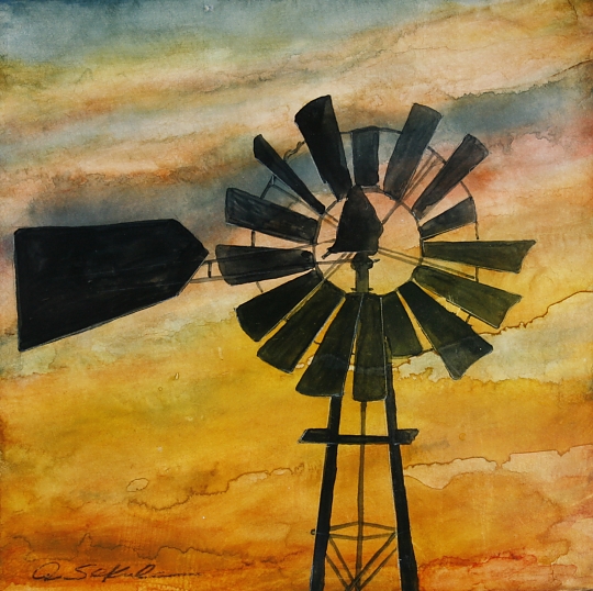 540x538 Windmill Silhouetted Against A Setting Sky