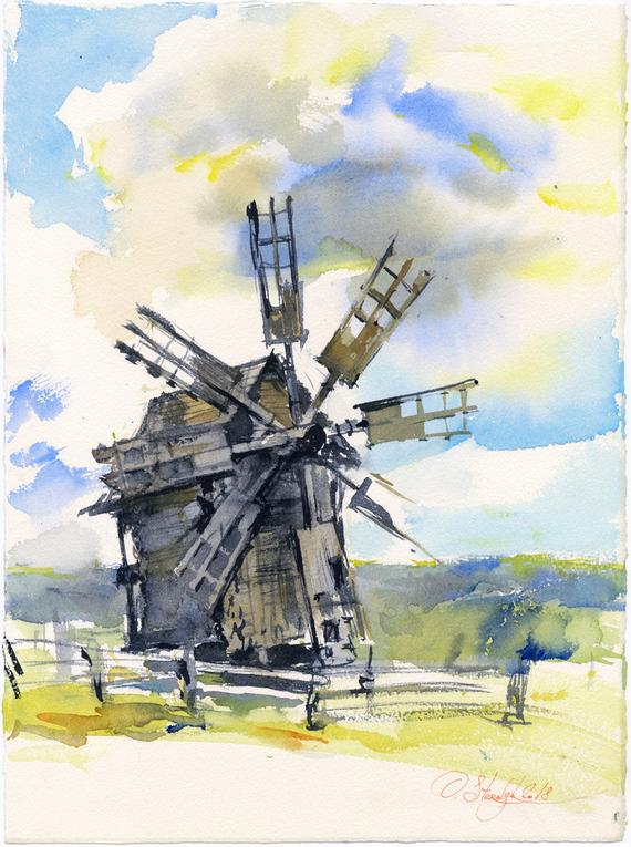 570x765 Windmill Watercolor Original Painting Watercolour Mill Etsy