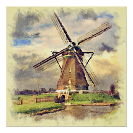 540x540 Cute Rustic Vintage Dutch Windmill Watercolor Poster