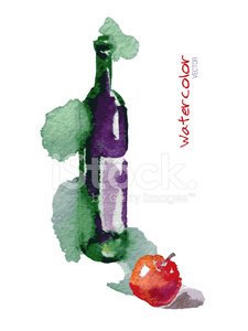 225x300 Vector Watercolor Sketch Wine Bottle Red Apple Stock Vectors