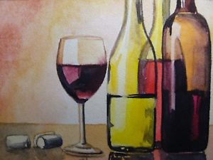 300x225 Watercolor Painting Red White Wine Glass Bottle Alcohol Drink Aceo