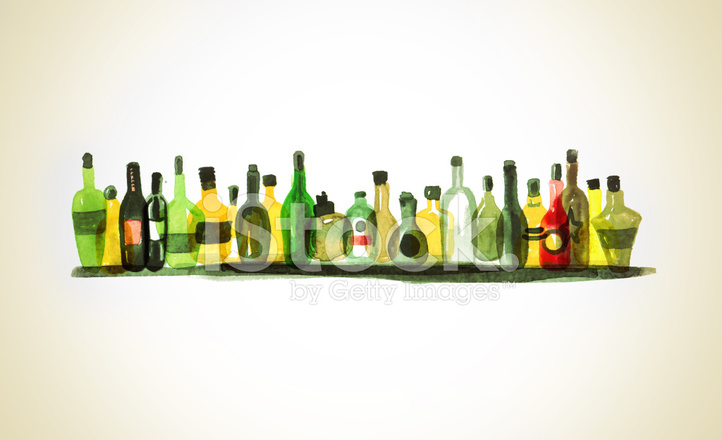 722x440 Watercolor Painting Of Alcohol Bottles On Shelf Stock Vector