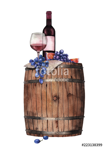 354x500 Watercolor Glass Of Red Wine, Bottle, Grapes And Figs On The