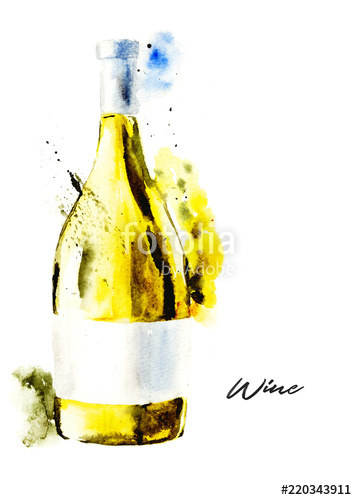 357x500 Hand Drawn Watercolor Illustration Of The Wine Bottle, White Wine