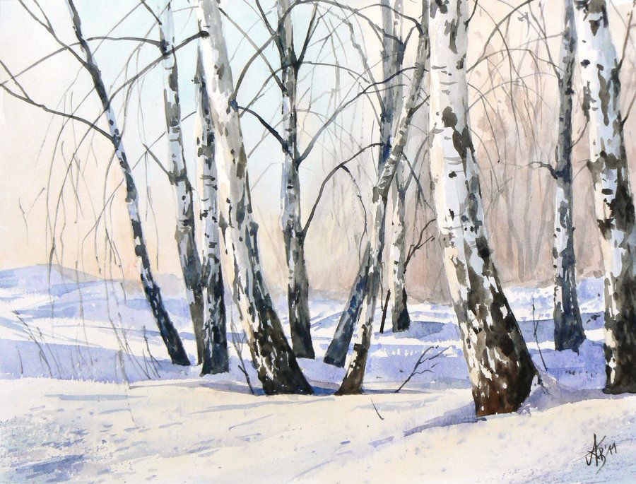 900x685 The Birch Trees In Winter By ~mashami (Watercolor