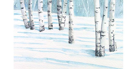 570x289 Winter Landscape Birch Tree Watercolor 4 X 6 Inches