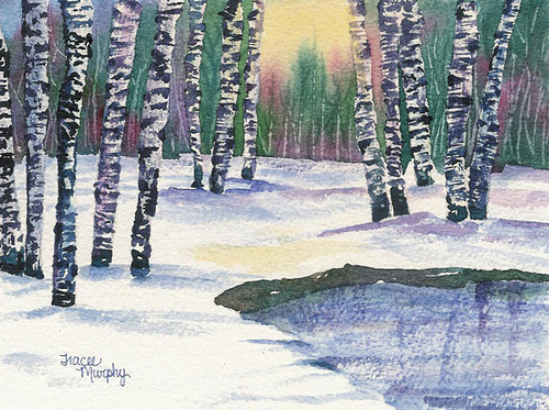 500x373 Winter Landscape Birch Trees Watercolor 6x9 Inches