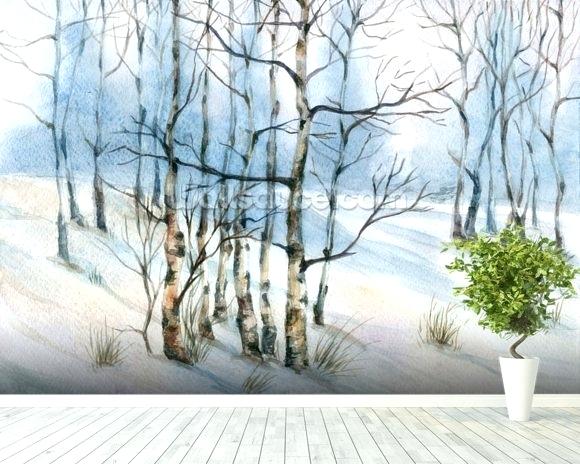580x464 Decoration Winter Birch Tree Watercolor Wall Mural Room Setting