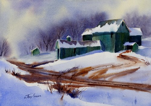 500x354 Farm In Watercolor Winter Landscape Painting Vermont