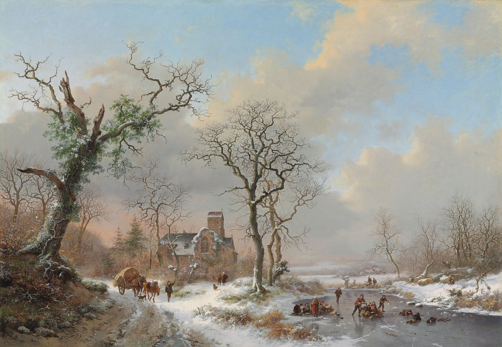 1700x1175 Winter Landscape With Skaters And A Covered Wagon Near A Church