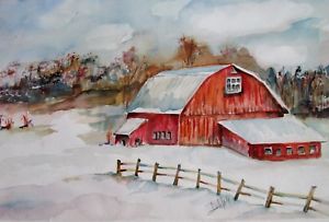 300x203 Winter Landscape Decor Farm Barn Woodland 12x18 Watercolor