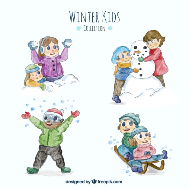 626x626 Pack Of Children Enjoying The Winter In Watercolor Effect Vector