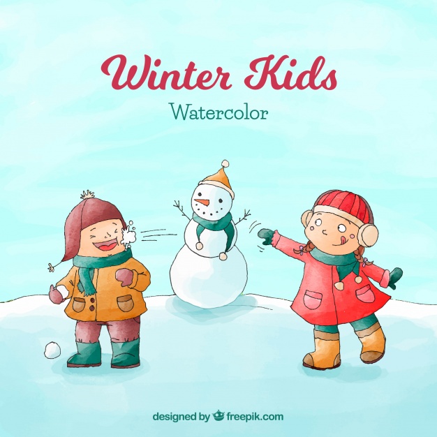 626x626 Watercolour Winter Background With Kids And A Snowman Vector
