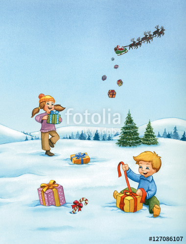 380x500 Christmas Landscape With Happy Kids Opening Their Presents And