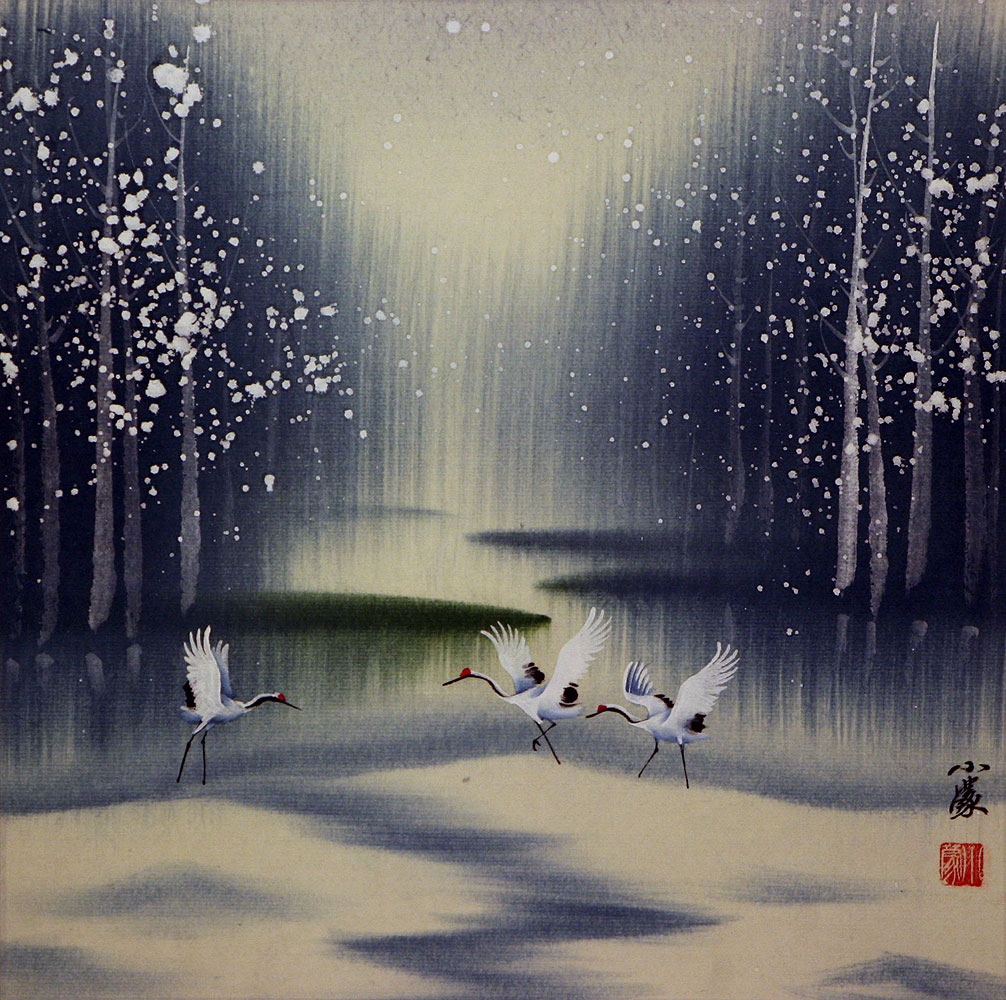 1006x1000 Cranes Winter Watercolor Painting