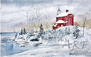 300x190 Marquette Light House In Winter A Lake Superior Watercolor Art
