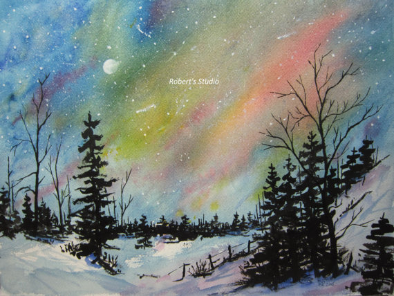 570x428 Original Watercolor Landscape Painting, Northern Lights, Night Sky