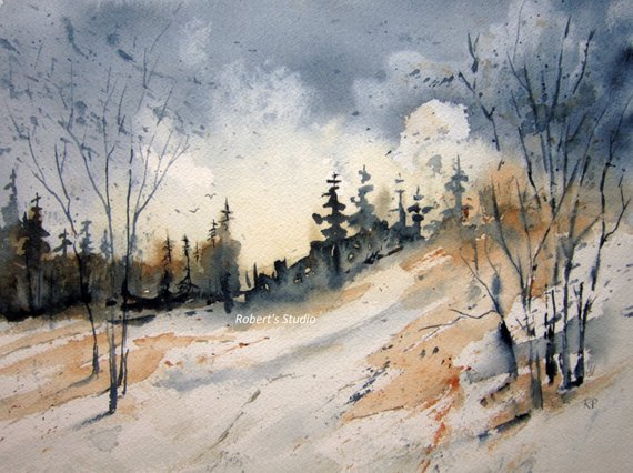 570x426 Winter Landscape Print Of Original Watercolor Painting Etsy
