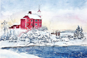300x199 Winter Marquette Michigan Light House Watercolor Art By Scott
