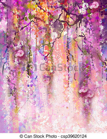 363x470 Watercolor Painting. Spring Purple Flowers Wisteria Background