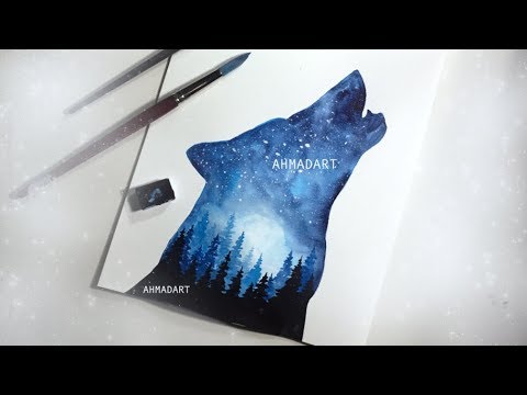 480x360 Watercolor Painting Wolf Double Exposure