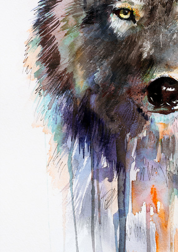 570x806 Charcoal Wolf Watercolor Painting Print