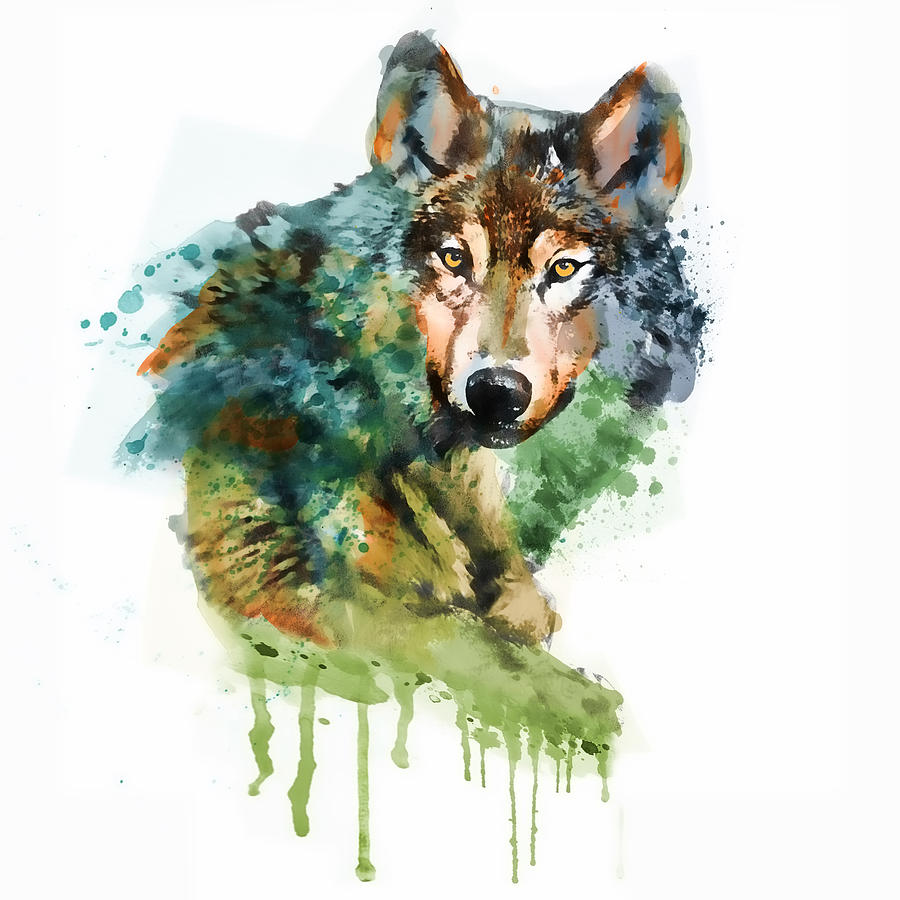 900x900 Wolf Face Watercolor Painting By Marian Voicu